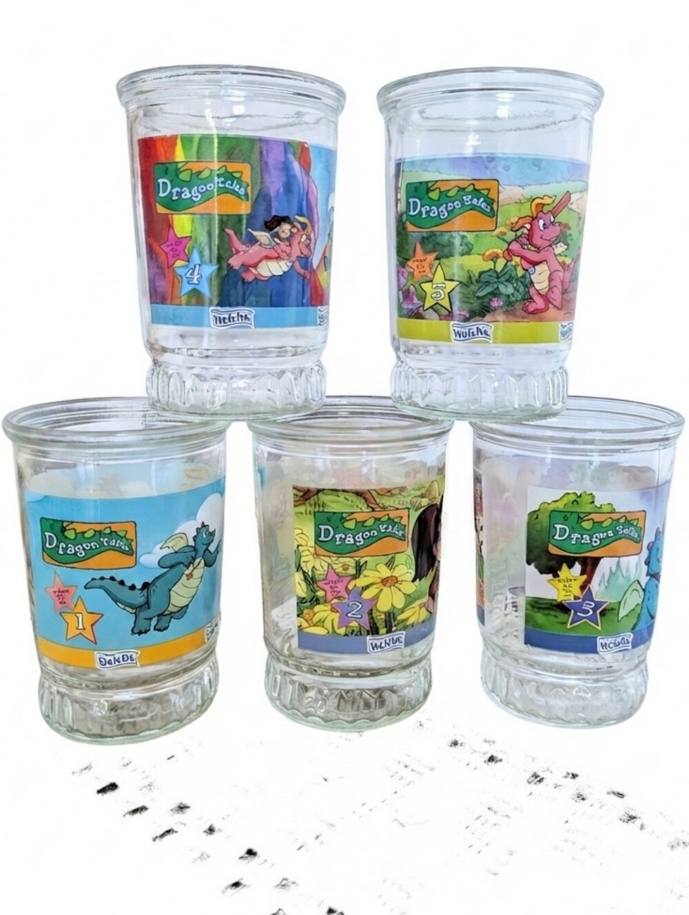 Welch's x Dragon Tales —Collector Glasses (Lot of 5) Colorful Cartoon Promo 90s